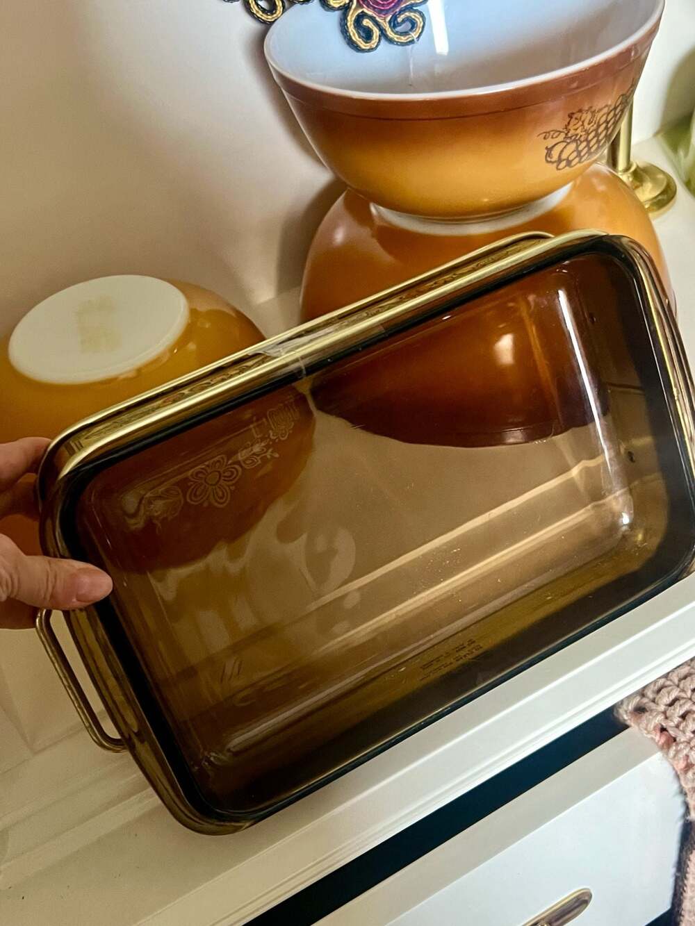 Vintage Pyrex Fireside Collection Amber pan with Fruit Pattern Metal Server